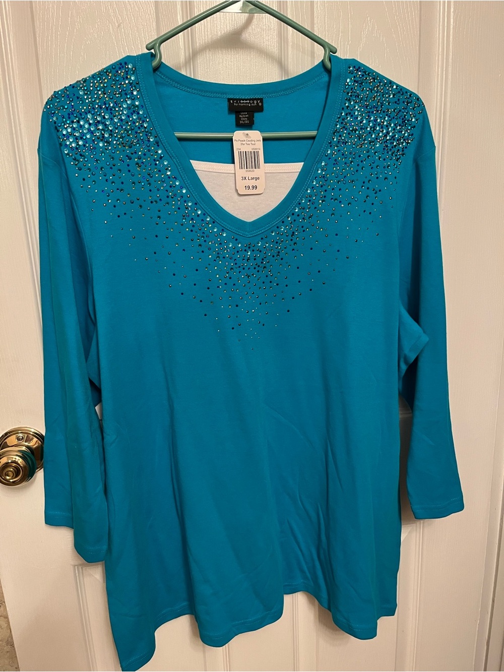 NEW! Women’s Peacock Teal Jeweled 3/4 Sleeve Shirt Size 3X